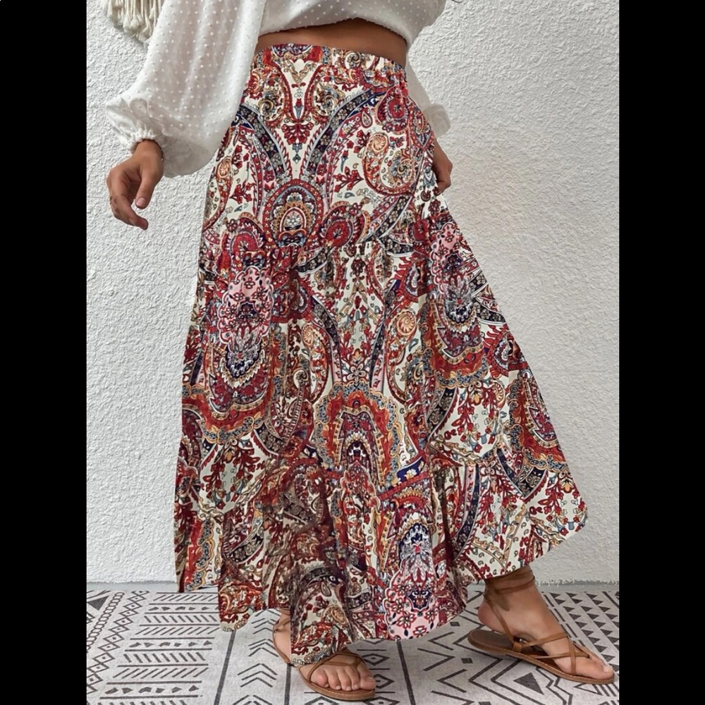 Boho Gypsy Plus Size Floral Paisleys Print Skirt - Picture 3 of 8